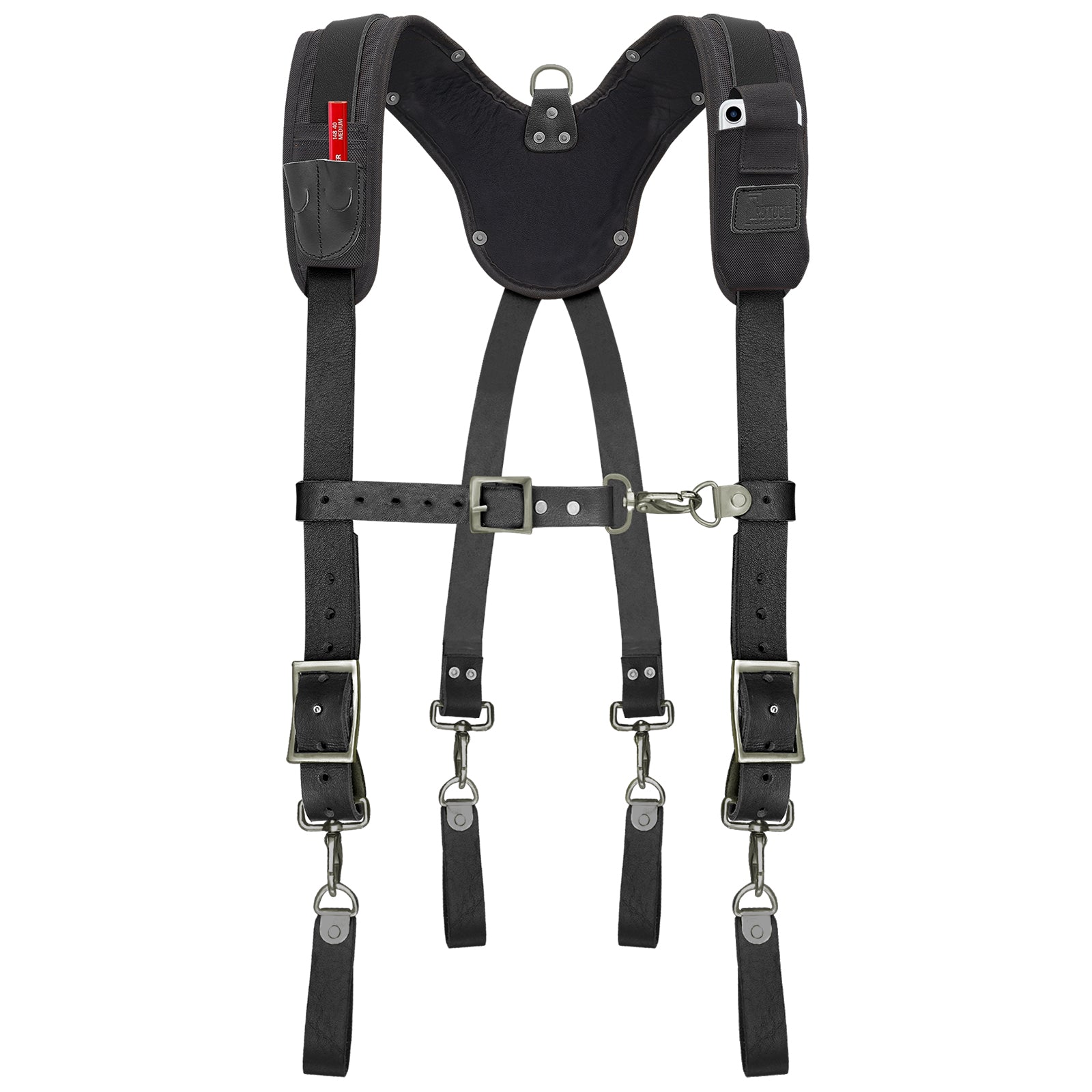 Trutuch Black Leather Work Suspenders with Cell Phone Pocket, Comfortable Padded Leather Tool Belt Suspenders, Maroon Suspension System, TT-7060-S