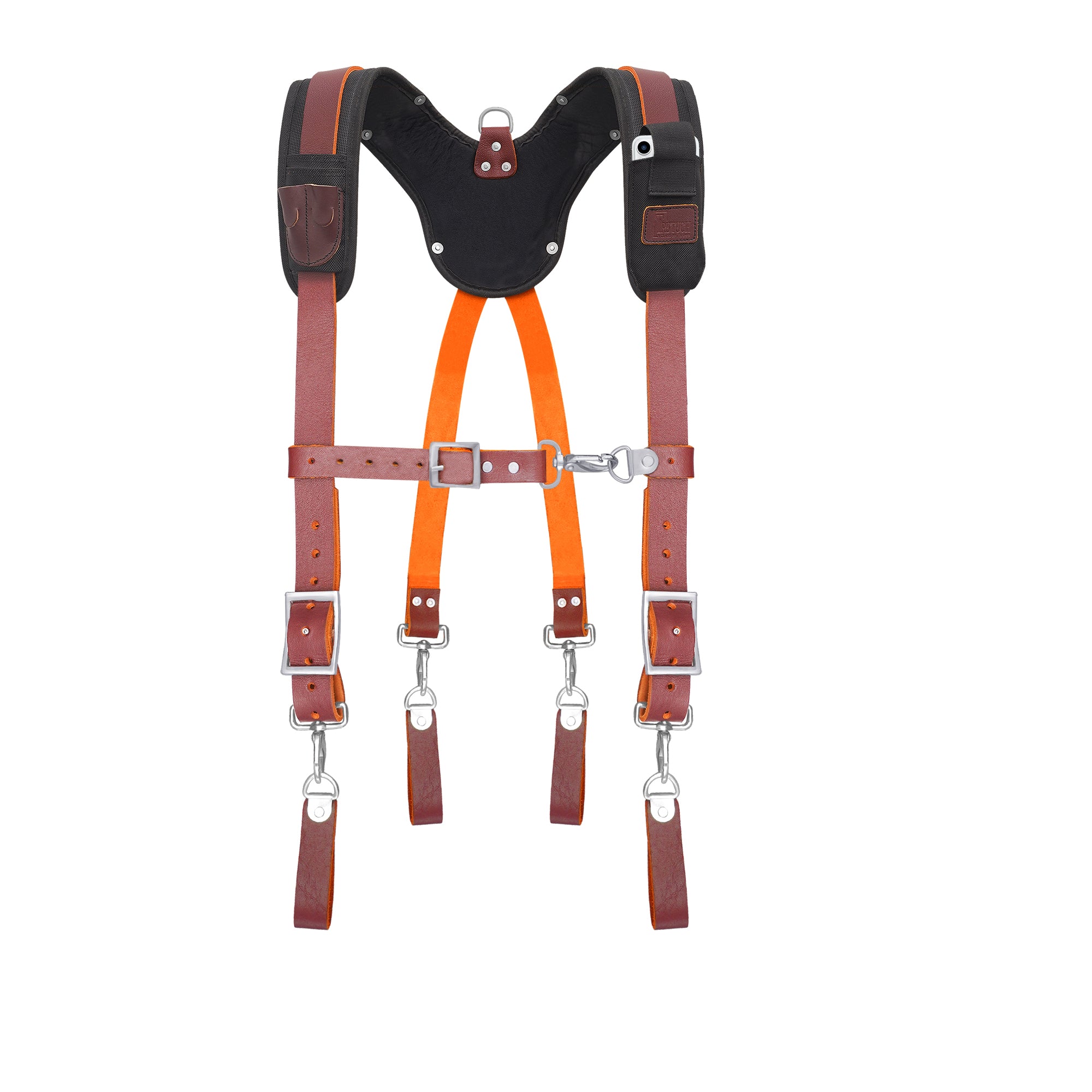Trutuch Maroon Leather Work Suspenders with Cell Phone Pocket, Comfortable Padded Leather Tool Belt Suspenders, Maroon Suspension System, TT-7050-S