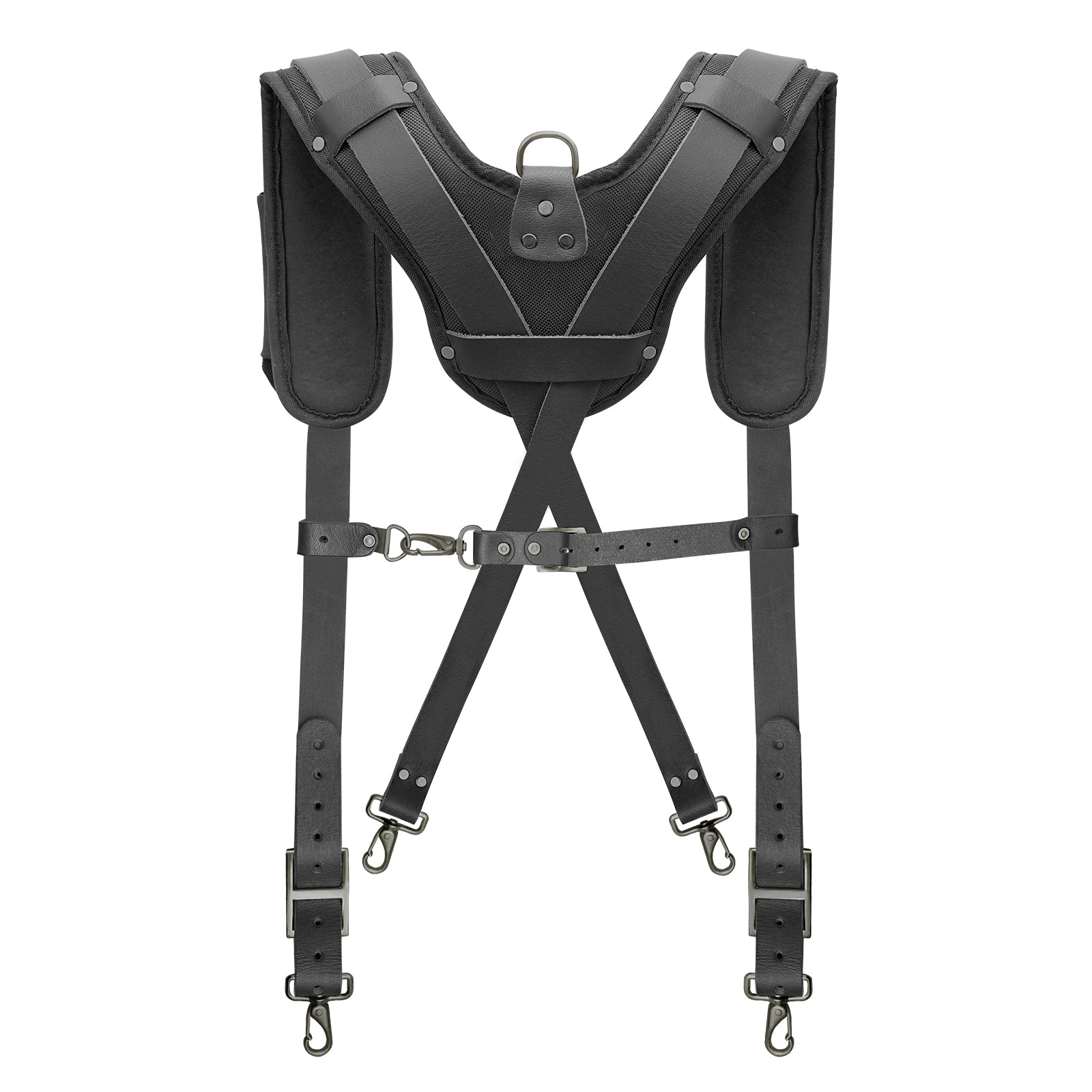 Trutuch Black Leather Work Suspenders with Cell Phone Pocket, Comfortable Padded Leather Tool Belt Suspenders, Maroon Suspension System, TT-7060-S