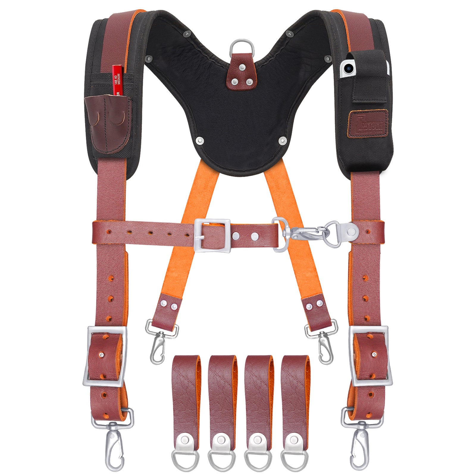 Trutuch Maroon Leather Work Suspenders with Cell Phone Pocket, Comfortable Padded Leather Tool Belt Suspenders, Maroon Suspension System, TT-7050-S