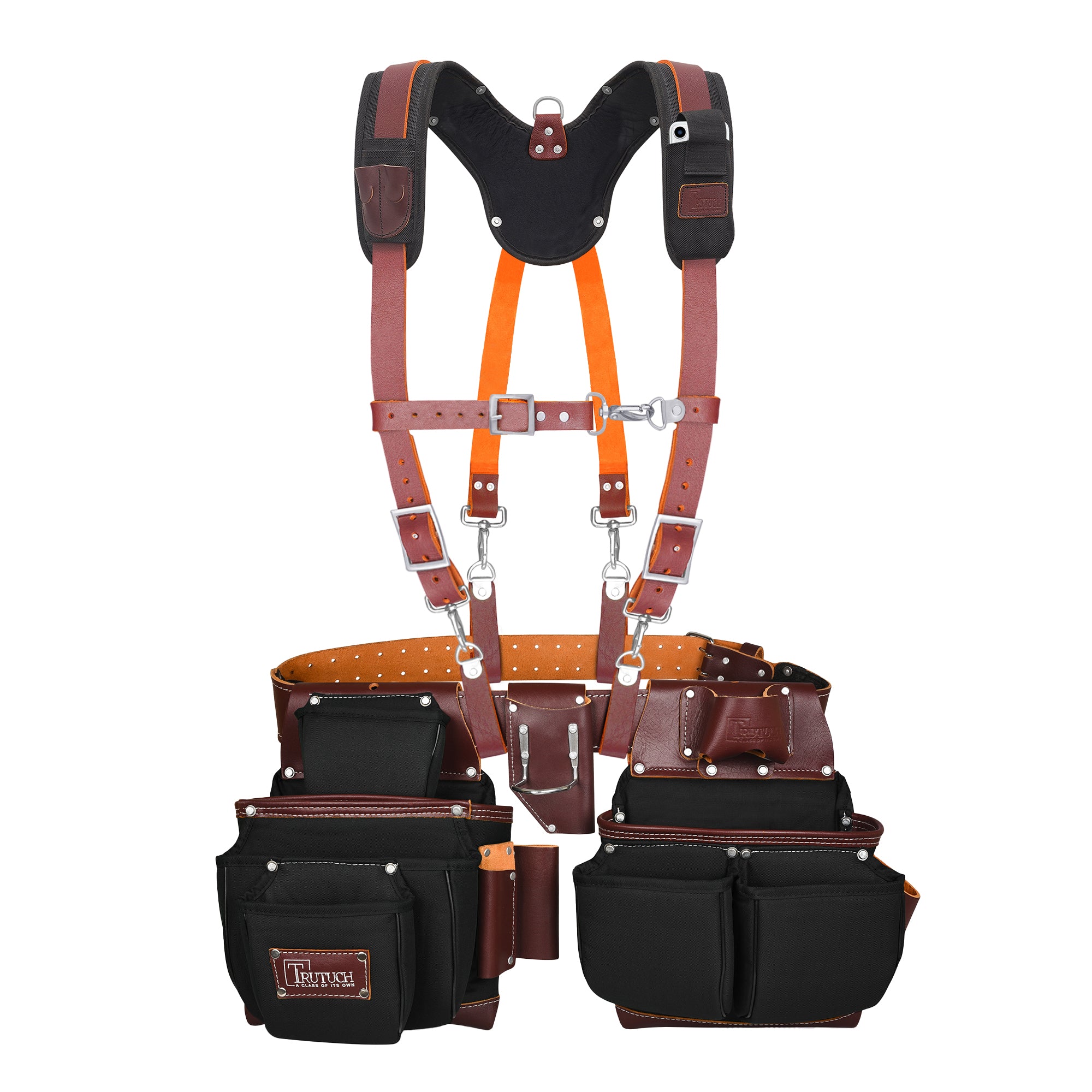 Trutuch Black Nylon & Leather Tool Belt with Leather Work Suspender, Framers Tool Belt, Electrician, Construction, Drywall Tool Belt, TT-1520-R-7050-S