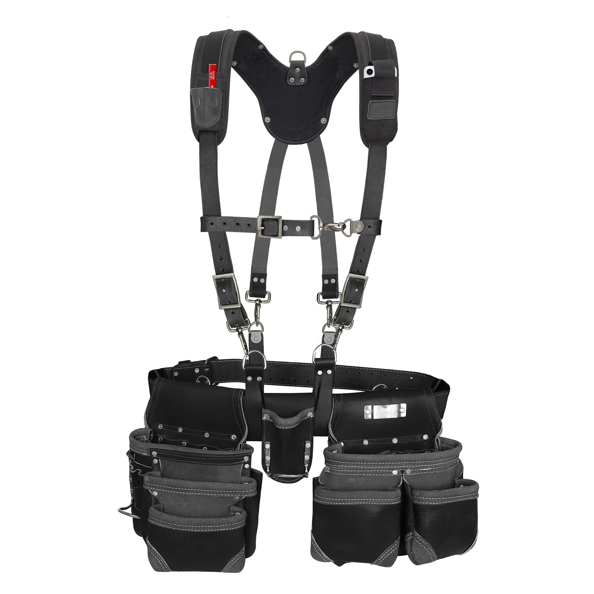 Trutuch Black Leather Tool Belt with Pocket Suspender, Carpenter Tool Belt, Tool Bag, TT-3020-R-7060-S