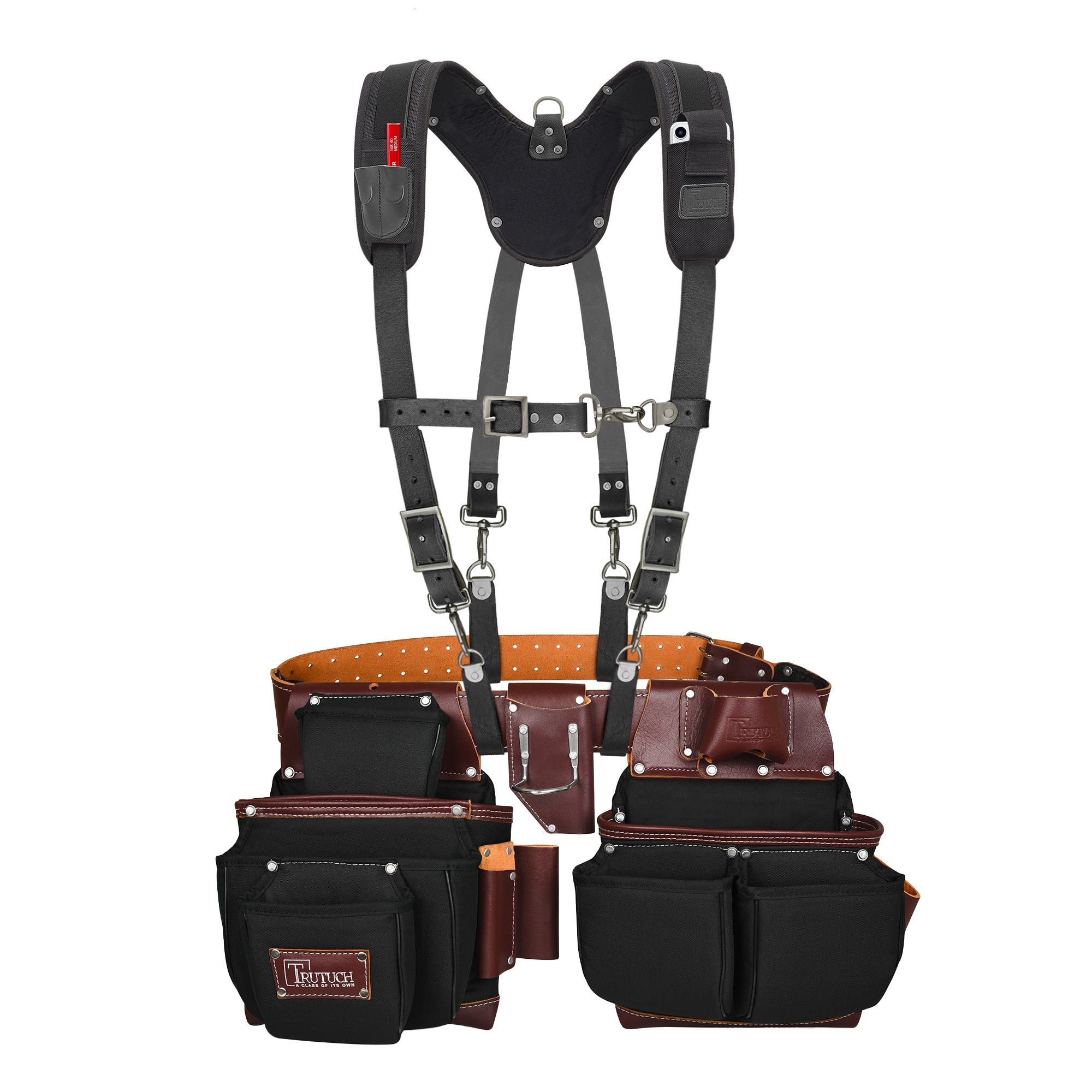 Trutuch Black Nylon & Leather Tool Belt with Leather Work Suspender, Framers Tool Belt, Electrician, Construction, Drywall Tool Belt, TT-1520-R-7060-S