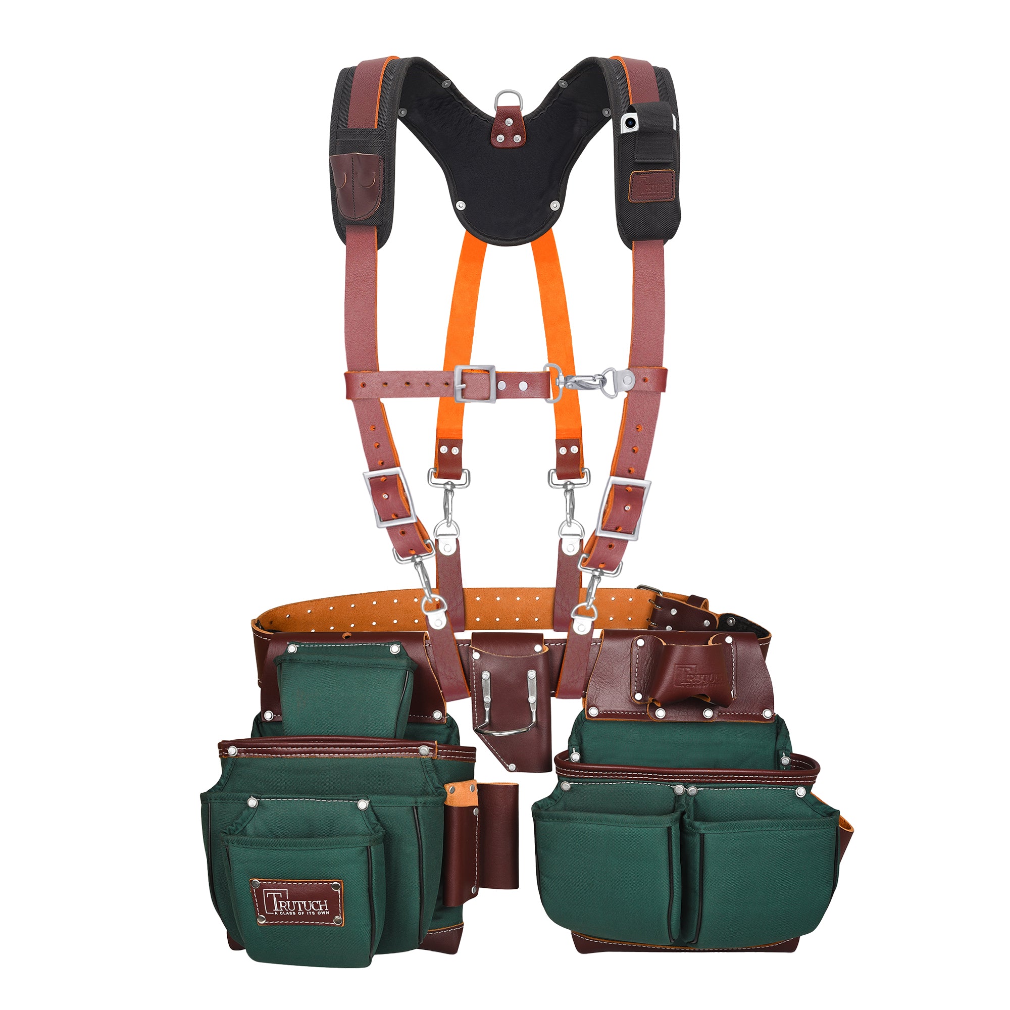 Trutuch Green Nylon & Leather Tool Belt with Leather Work Suspender, Framers Tool Belt, Electrician, Construction, Drywall Tool Belt, TT-1530-R-7050-S
