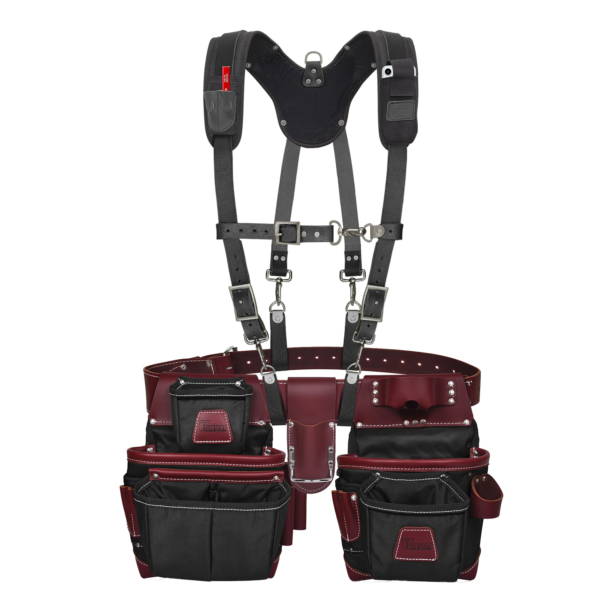 Trutuch Black Nylon & Leather Tool Belt with Leather Work Suspender, Framers Tool Belt, Electrician, Construction, Drywall Tool Belts, TT-1600-RR-7060-S