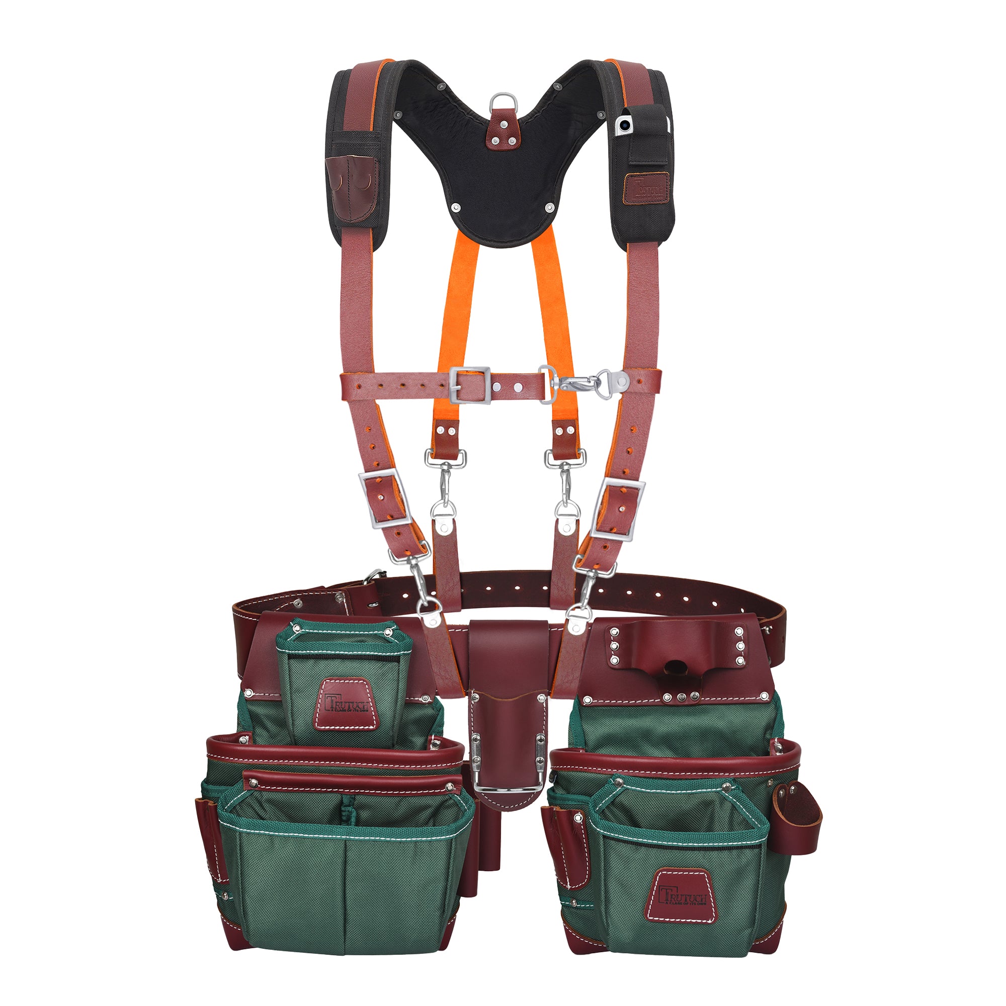 Trutuch Green Nylon & Leather Tool Belt with Leather Work Suspender, Framers Tool Belt, Electrician, Construction, Drywall Tool Belts, TT-1610-R-7050-S