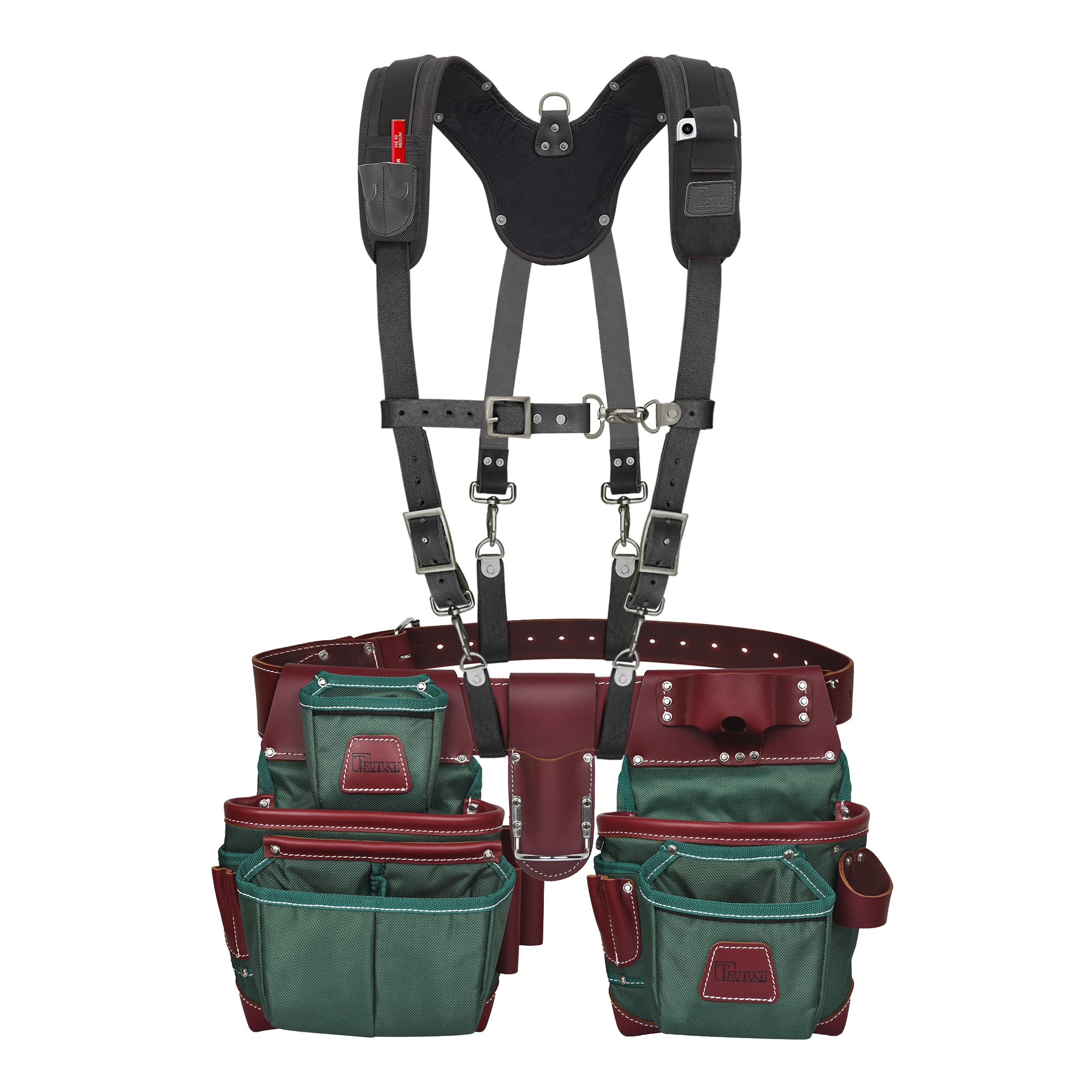 Trutuch Green Nylon & Leather Tool Belt with Leather Work Suspender, Framers Tool Belt, Electrician, Construction, Drywall Tool Belts, TT-1610-R-7060-S