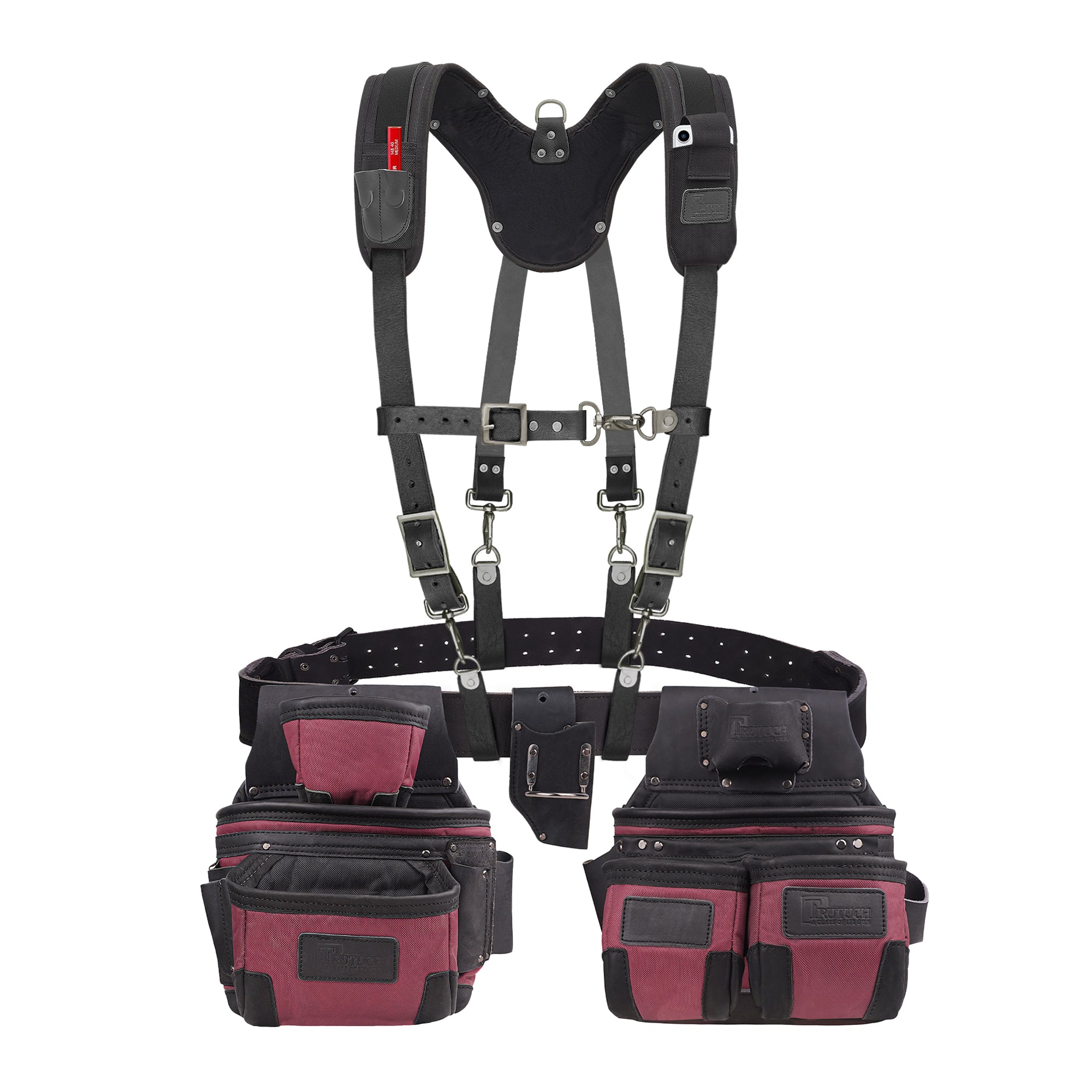 Trutuch Black Nylon & Leather Tool Belt with Leather Work Suspender, Framers Tool Belt, Electrician, Construction, Drywall Tool Belt, TT-1650-R-7060-S