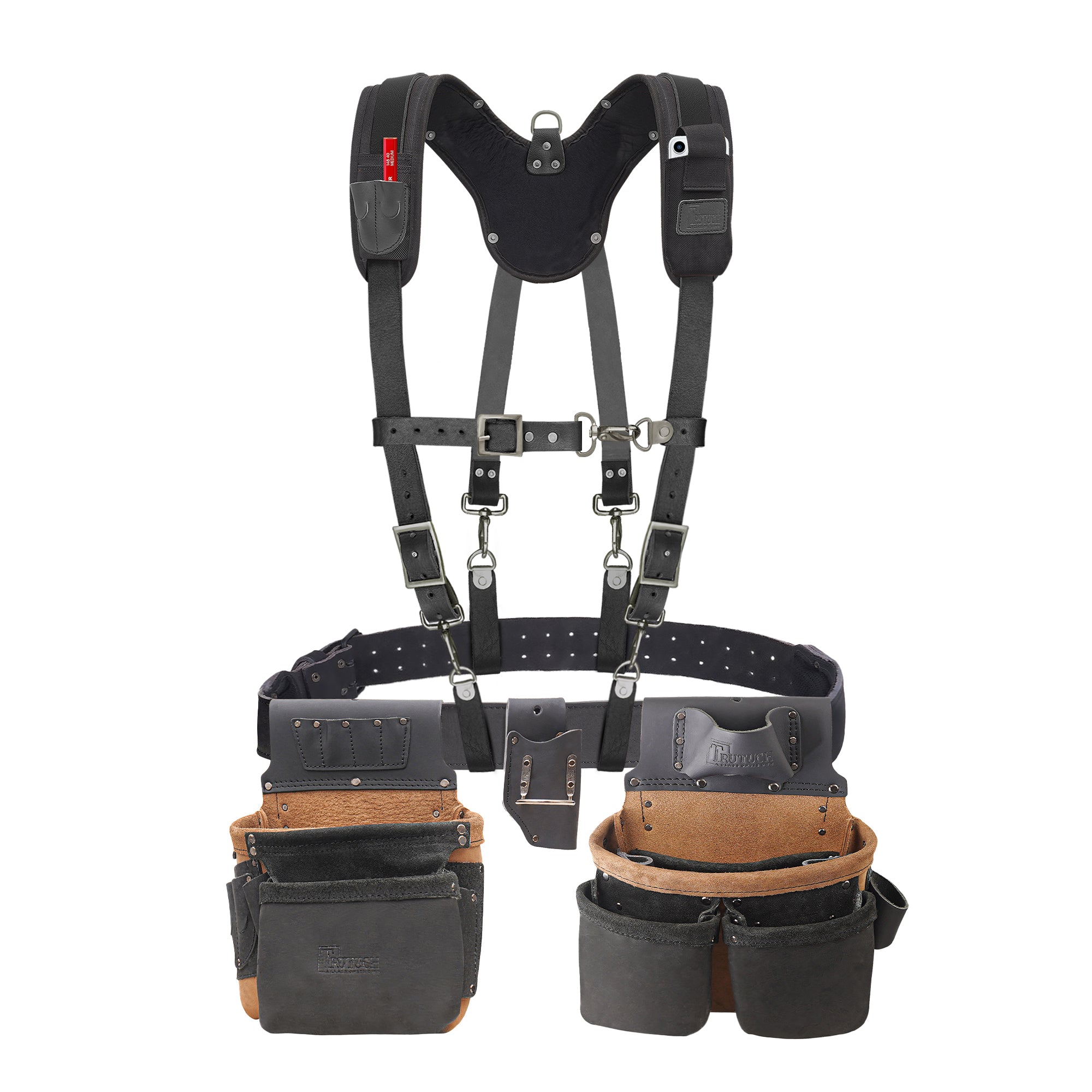Trutuch Oil Tanned Leather Tool Belt with Leather Work Suspender, Framers Tool Belt, Electrician, Construction, Drywall Tool Belt TT-3050-R-7060-S