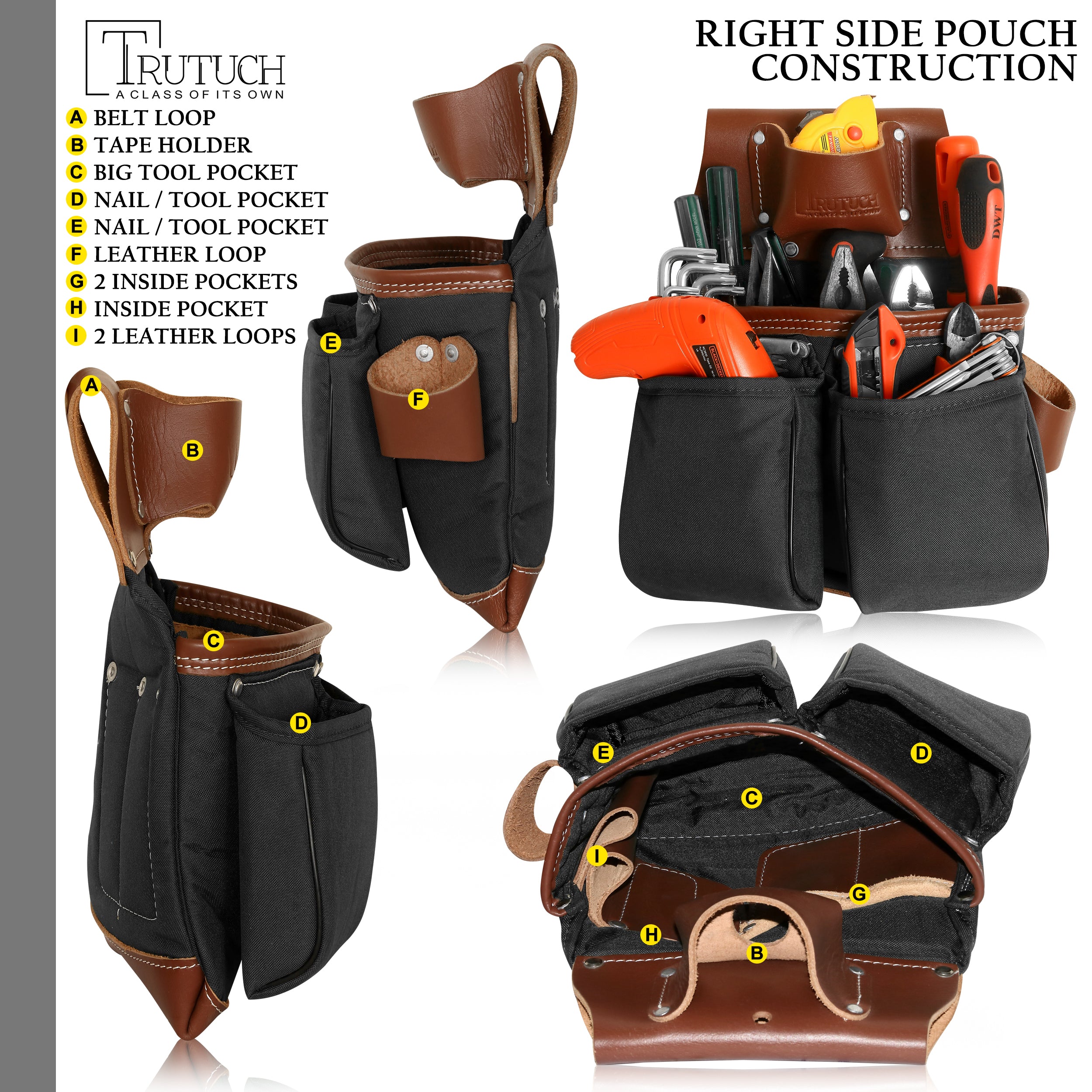 Trutuch Black Nylon & Leather Tool Belt with Leather Work Suspender, Framers Tool Belt, Electrician, Construction, Drywall Tool Belt, TT-1520-R-7010-S