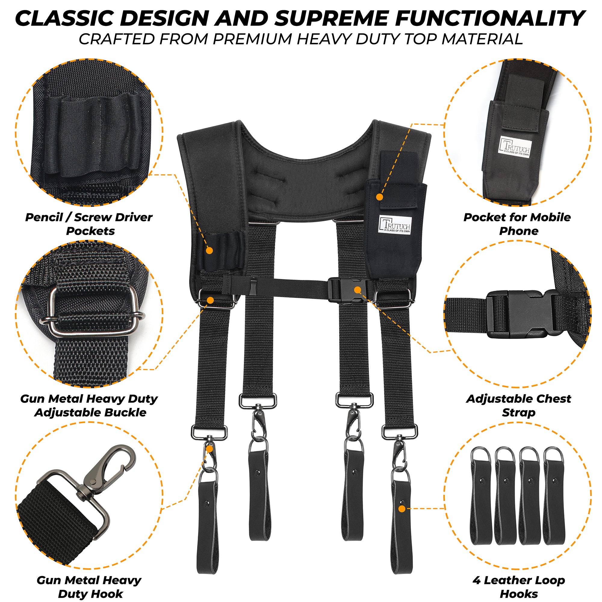 Trutuch Black Nylon & Leather Tool Belt with Nylon Work Suspender, Framers Tool Belt, Electrician, Construction, Drywall Tool Belt, TT-1520-R-7040-S
