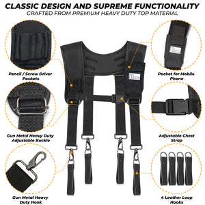Trutuch Black Nylon & Leather Tool Belt with Nylon Work Suspender, Framers Tool Belt, Electrician, Construction, Drywall Tool Belt, TT-1520-R-7040-S