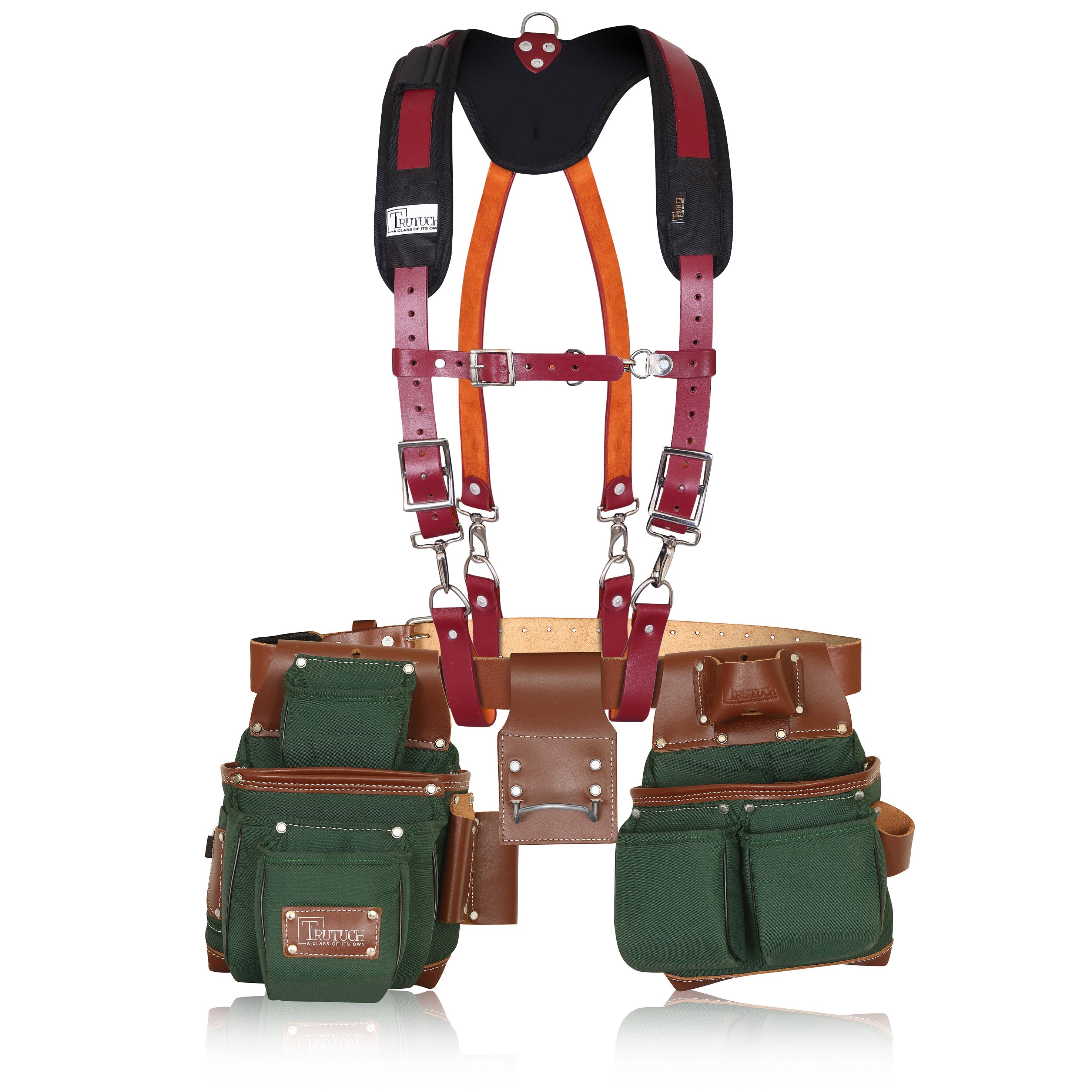 Trutuch Green Nylon & Leather Tool Belt with Leather Work Suspender, Framers Tool Belt, Electrician, Construction, Drywall Tool Belt, TT-1530-R-7010-S