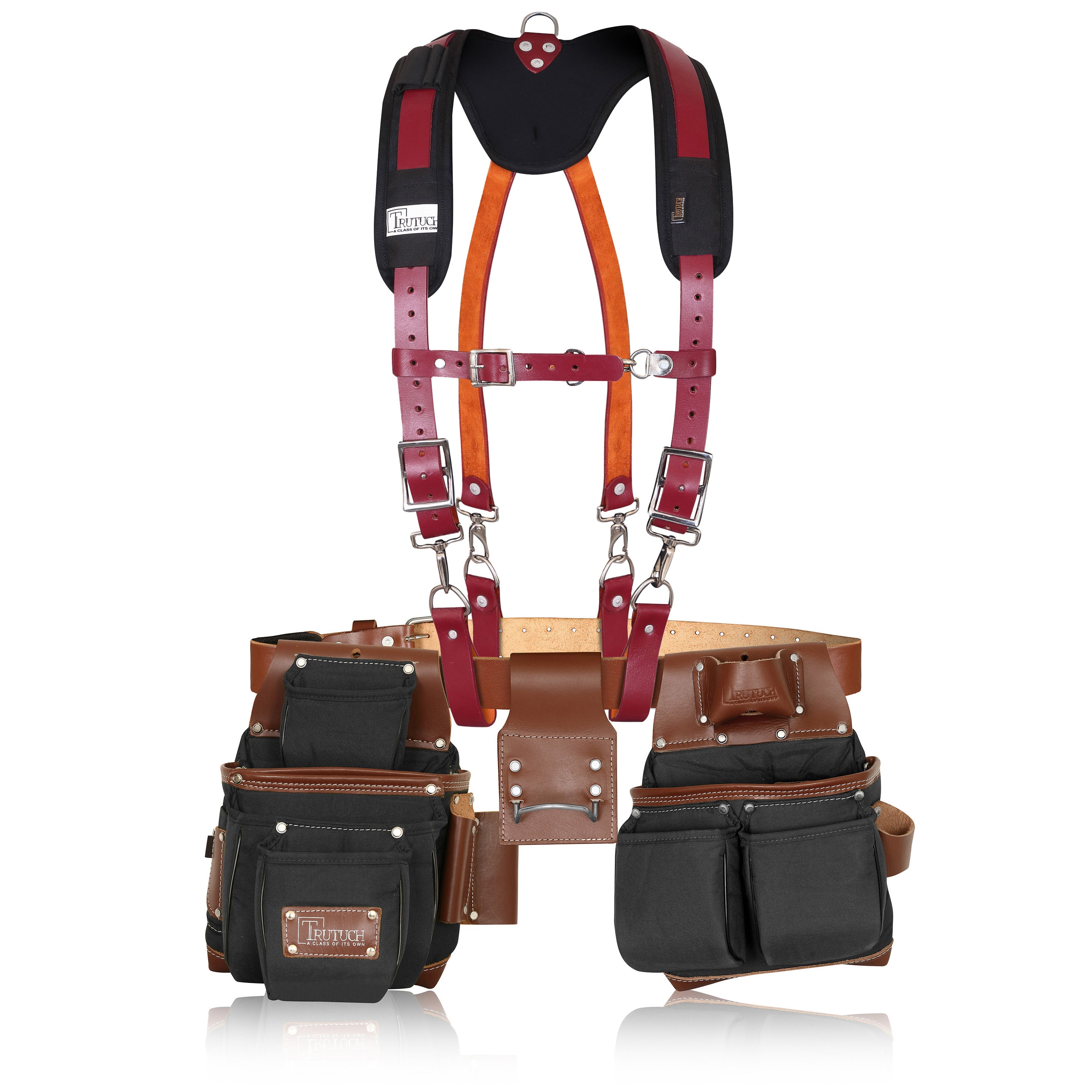 Trutuch Black Nylon & Leather Tool Belt with Leather Work Suspender, Framers Tool Belt, Electrician, Construction, Drywall Tool Belt, TT-1520-R-7010-S