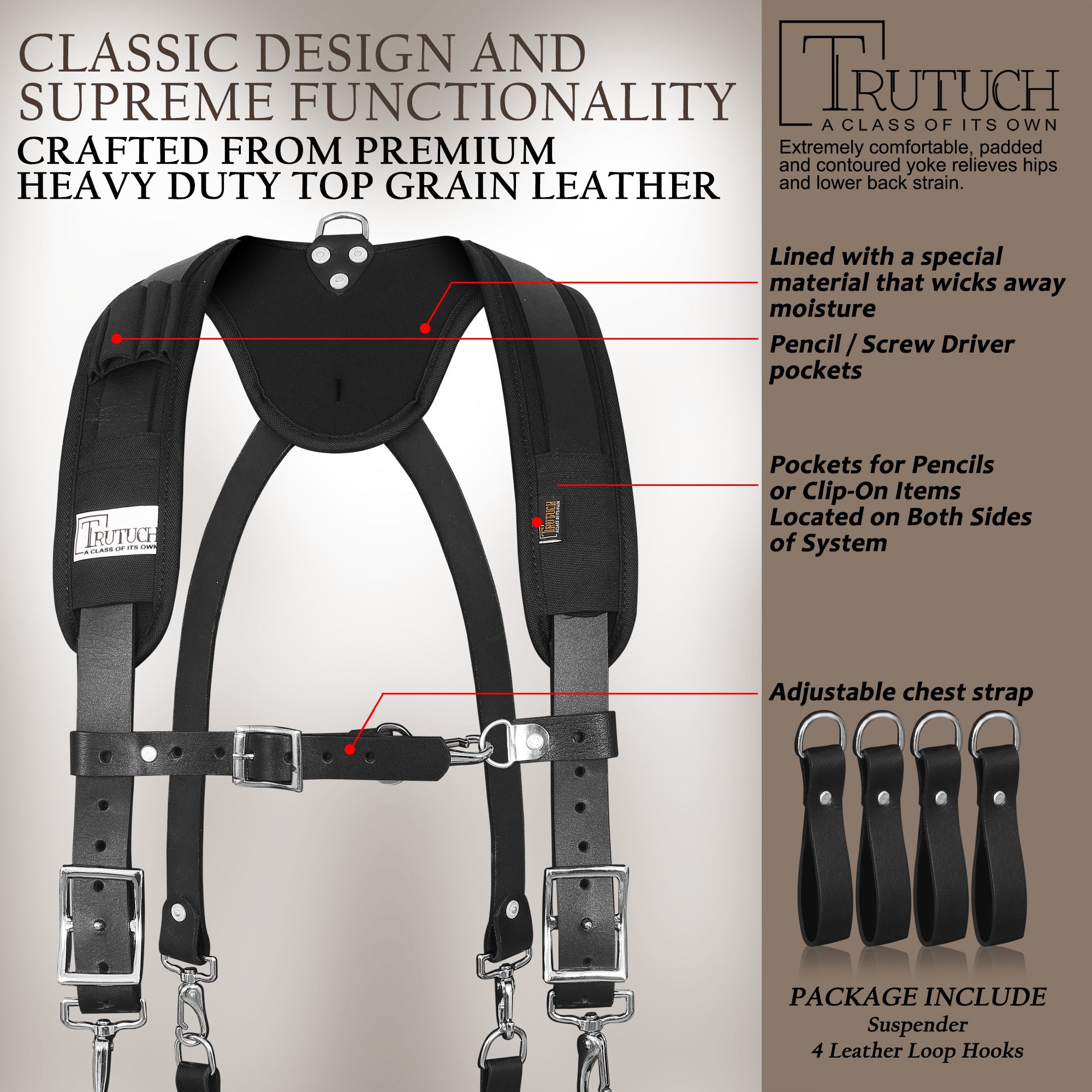 Trutuch Brown Leather Tool Belt with Black Suspender, Carpenter Tool Belt, Tool Bag, TT-2000-R-7030-S