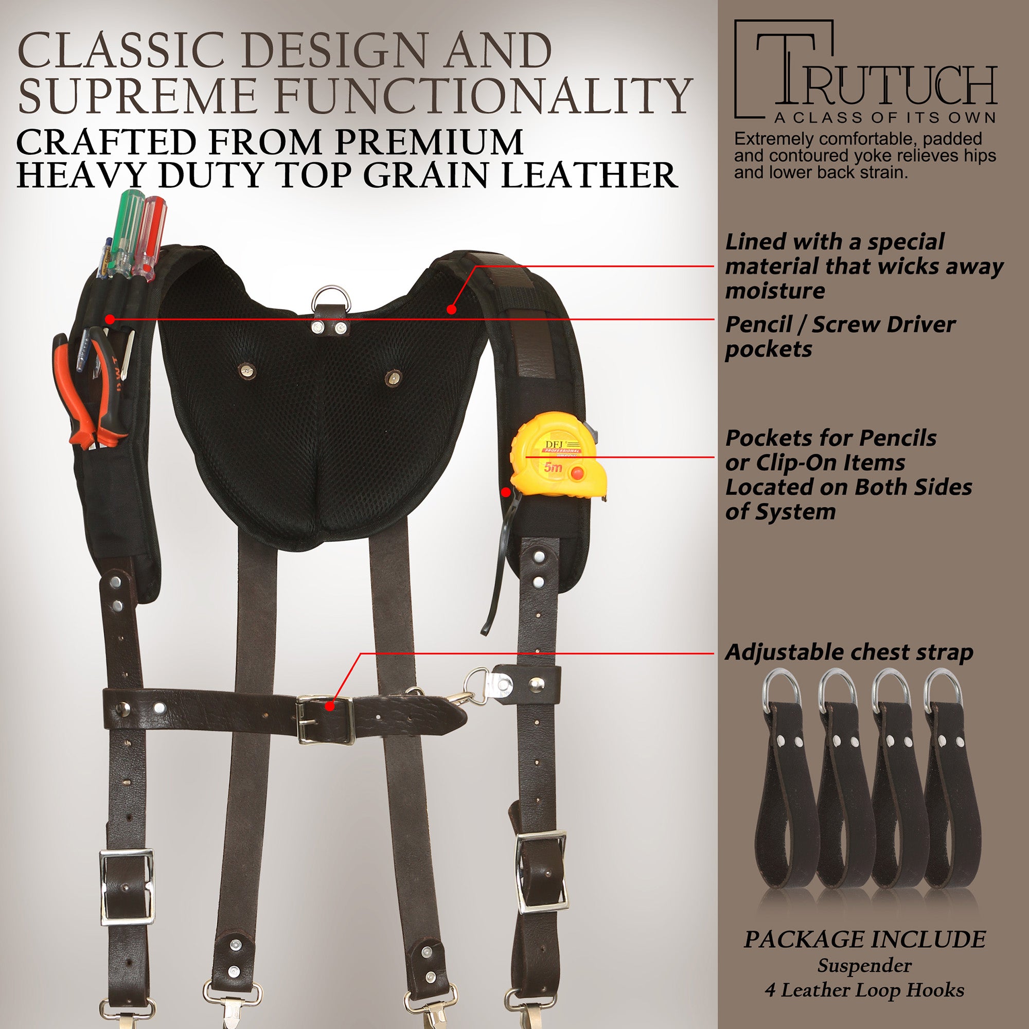 Trutuch Leather Work Suspenders With Pockets, Comfortable Padded Yoke Leather Tool Belt Suspenders, Chocolate Suspension System, TT-7020-S