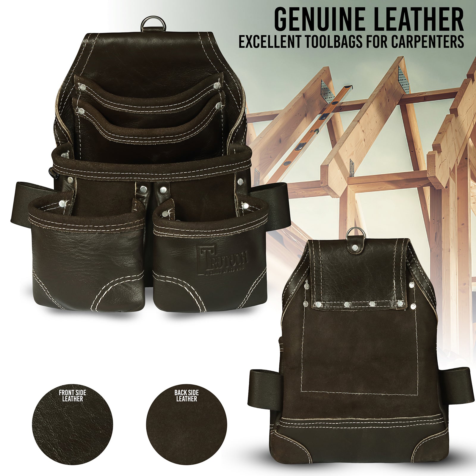 Trutuch Leather Carpenter tool Pouch With Belt, Double Outer Pockets, Chocolate Color, TT-200-P-710-B