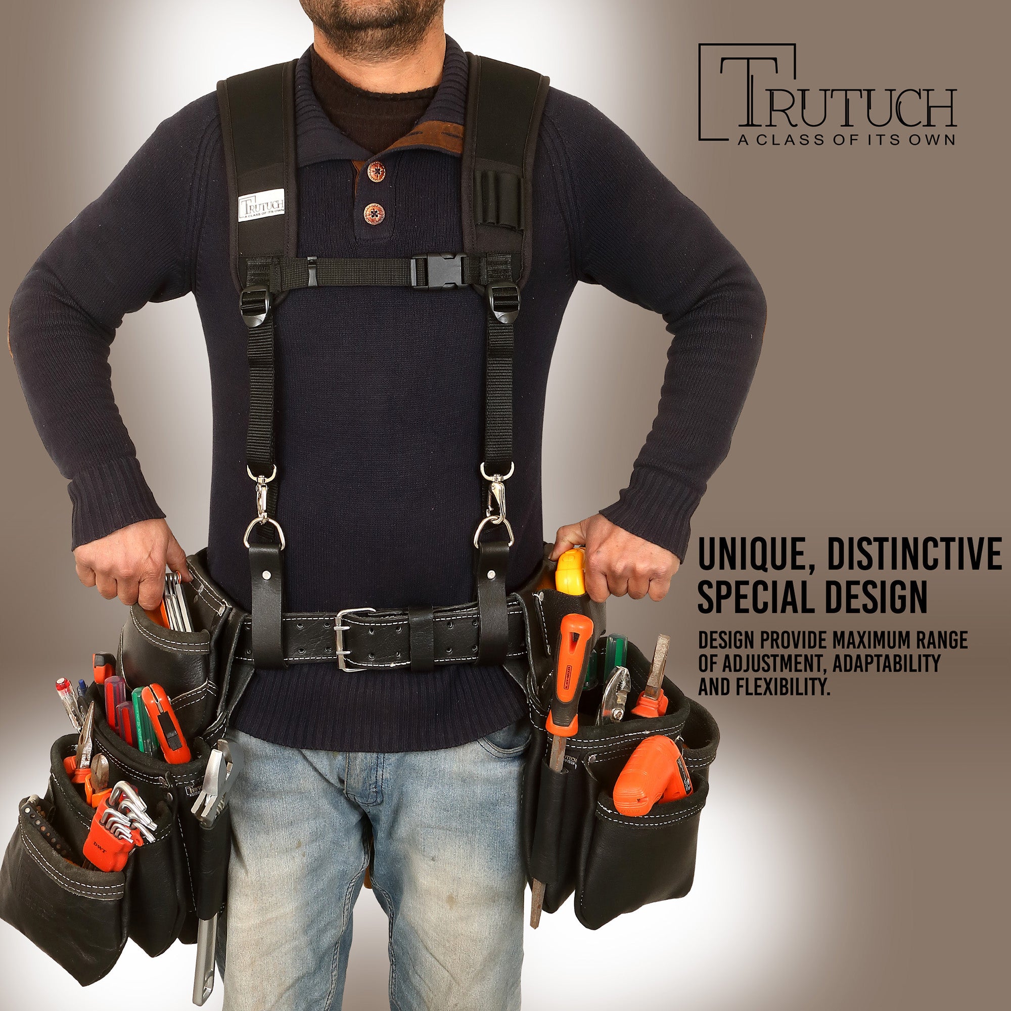 Trutuch Black Nylon Work Suspender With Pockets, Comfortable Padded Yoke Leather Tool Belt Suspenders, Stronghold Suspension System, TT-7040-S