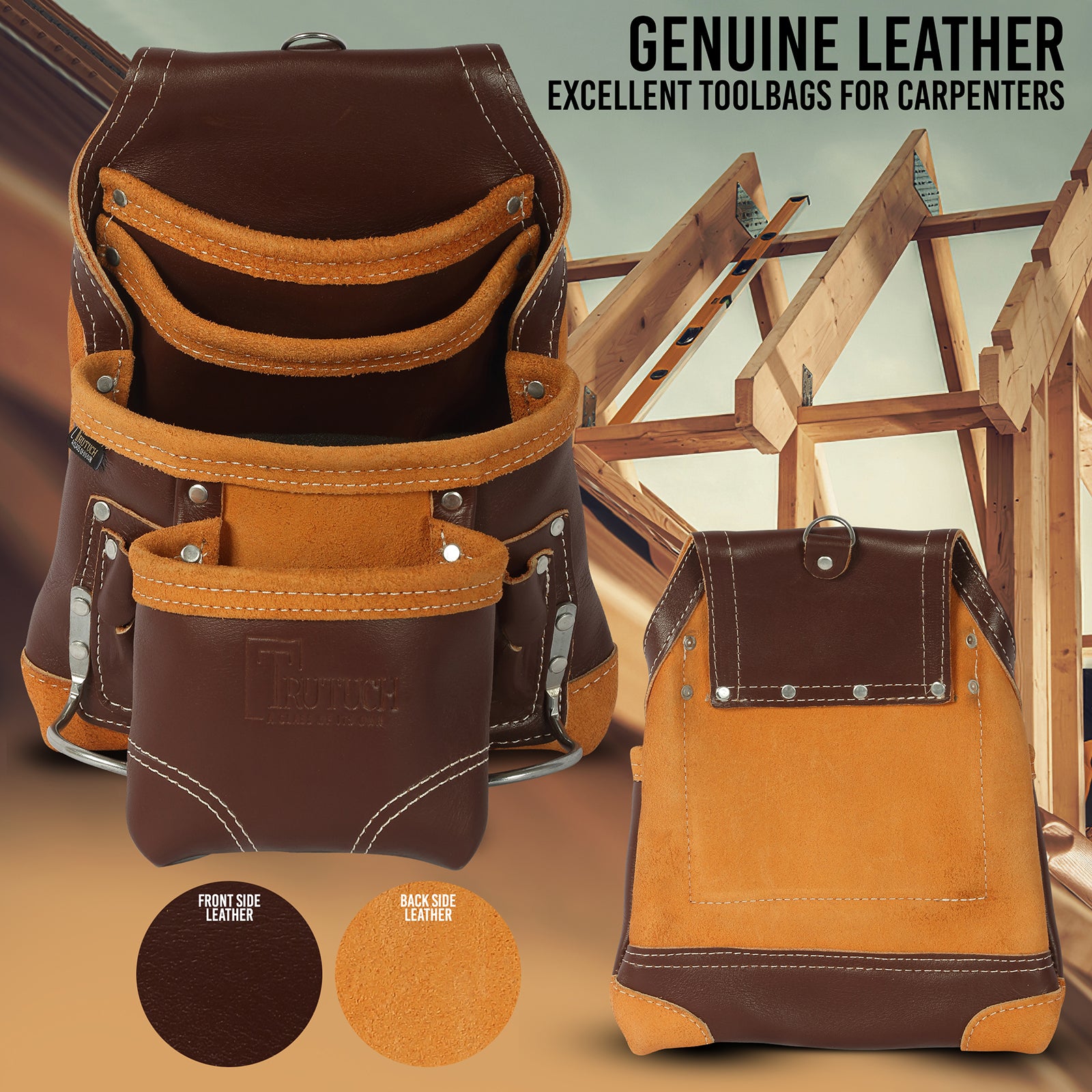Trutuch Grain Leather Carpenter Tool Pouch, 10 Pockets, Drywall Tool Pouch, Leather Tool Pouch for Men, TT-100-P