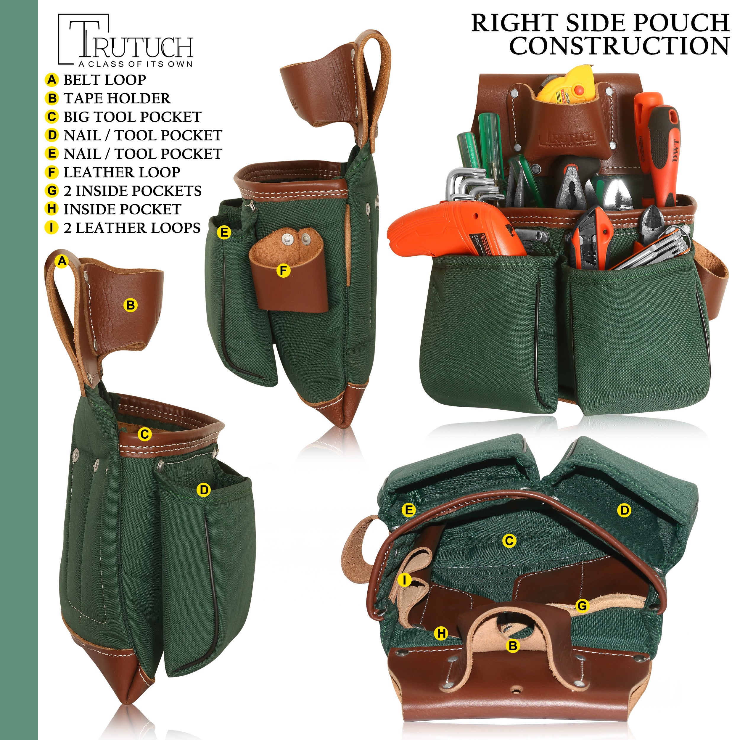 Trutuch Green Leather & Nylon Tool Belt with Nylon Work Suspender, Carpenter Tool Belt, Tool Bag, TT-1530-R-7040-S