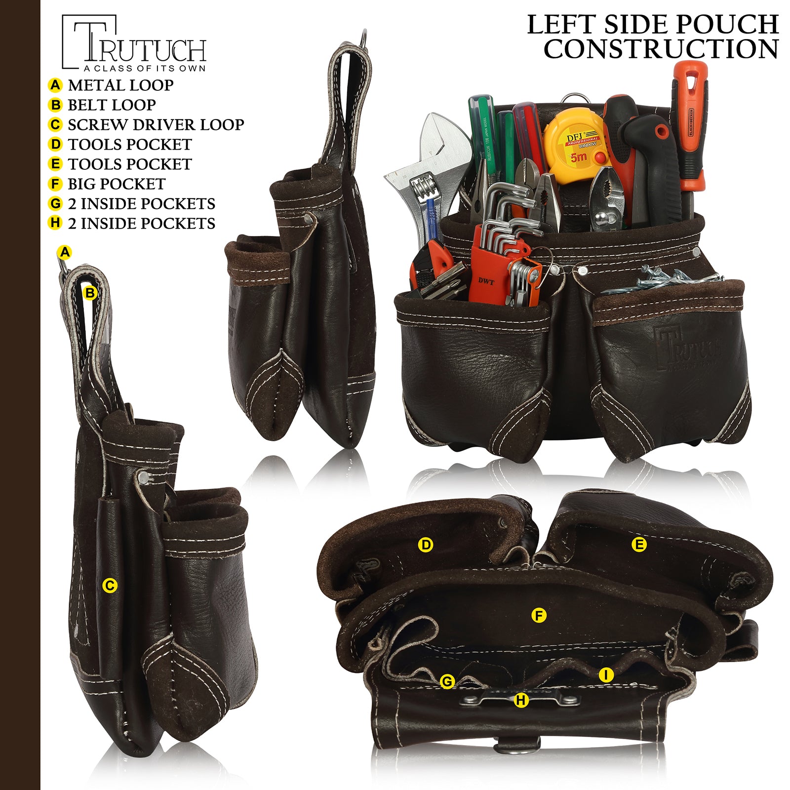 Trutuch Chocolate Leather Tool Belt with Black Suspender, Carpenter Tool Belt, Tool Bag, TT-3010-R-7030-S