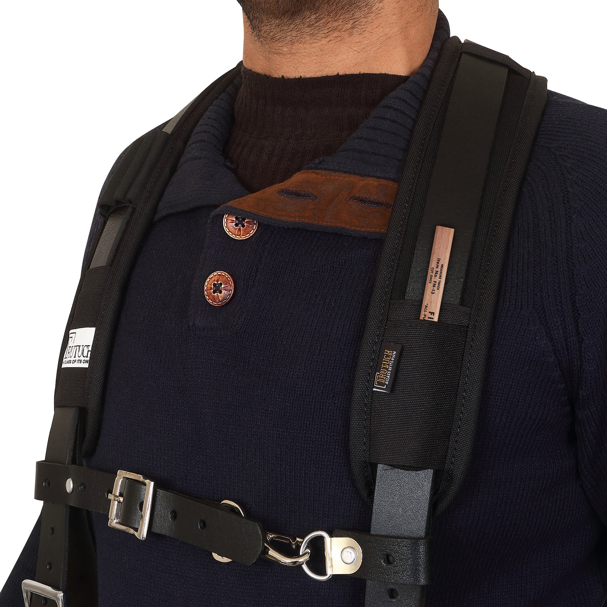 Trutuch Black Leather Work Suspenders With Pockets, Comfortable Padded Yoke Leather Tool Belt Suspenders, Stronghold Suspension System, TT-7030-S