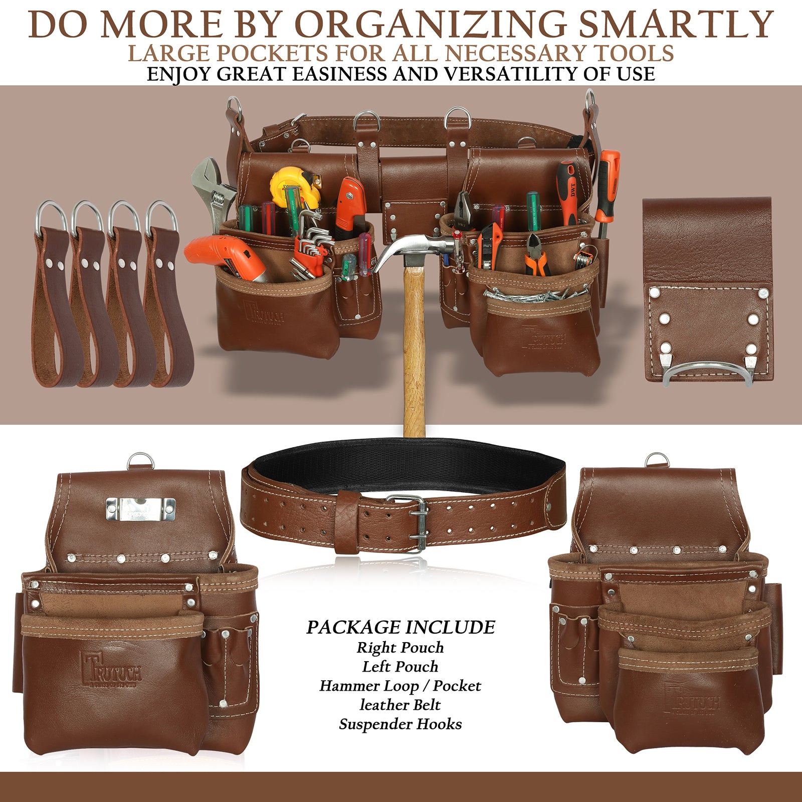 Trutuch Grain Leather Tool Belt, Carpenter Tool Belt, Drywall Tool Belt for Men, 17 Pockets, TT-2000-R