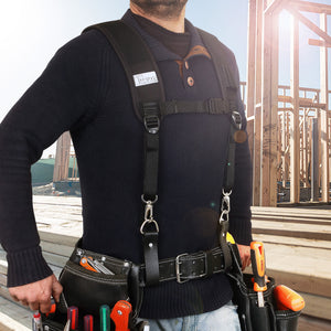 Trutuch Black Nylon Work Suspender With Pockets, Comfortable Padded Yoke Leather Tool Belt Suspenders, Stronghold Suspension System, TT-7040-S